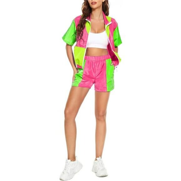 Yisfri Color Block Windbreaker Set Womens 2 Piece Zip Jacket Shorts Outfit - Picture 4 of 6